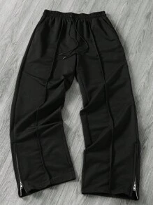 Manfinity EMRG Quần nỉ nam màu trơn có dây rút ở eo họa tiết tăm Thiết kế khóa kéo bên hông thường ngày - màu đen - Xem 1