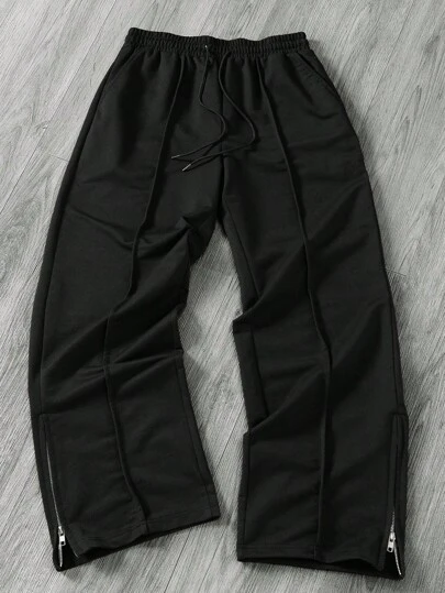 Manfinity EMRG Men's Solid Color Drawstring Waist Toothpick Pattern Side Zipper Design Casual Sweatpants
