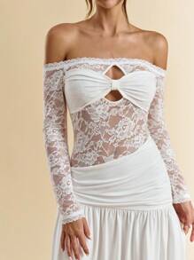 SHEIN BAE Women's White Long Sleeve One Shoulder Lace Patchwork Knit Top With High Split Dress - White - View 6