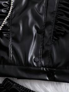 Young Girls Outerwear Co-Ords 2 Pieces Girls Black Faux Leather Jacket And Ruffle Shorts Set, Stylish Spring Summer Suit Girls Black Faux Leather Suit Set, Ruffle Lapel Jacket And Shorts For Party, School, Performance Black 2 Pieces Set Black Outfit Black Outfits For Leather Outfits Ruffle Outfit Black Outfits Black Pu Leather Outfit Girls Black Leather Outfit Set Young Girl Black Leather Shorts Set - Black - View 9