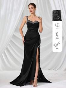 Coutiva Women's Crystal Embellished Ruffle Open Slit Maxi Formal Evening Dress Luxurious Women's Evening Dresses Black Dress Soft Dress Summer Dress Sequin Dress, Party Dress, Gown, For Wedding Guest - Black - View 1