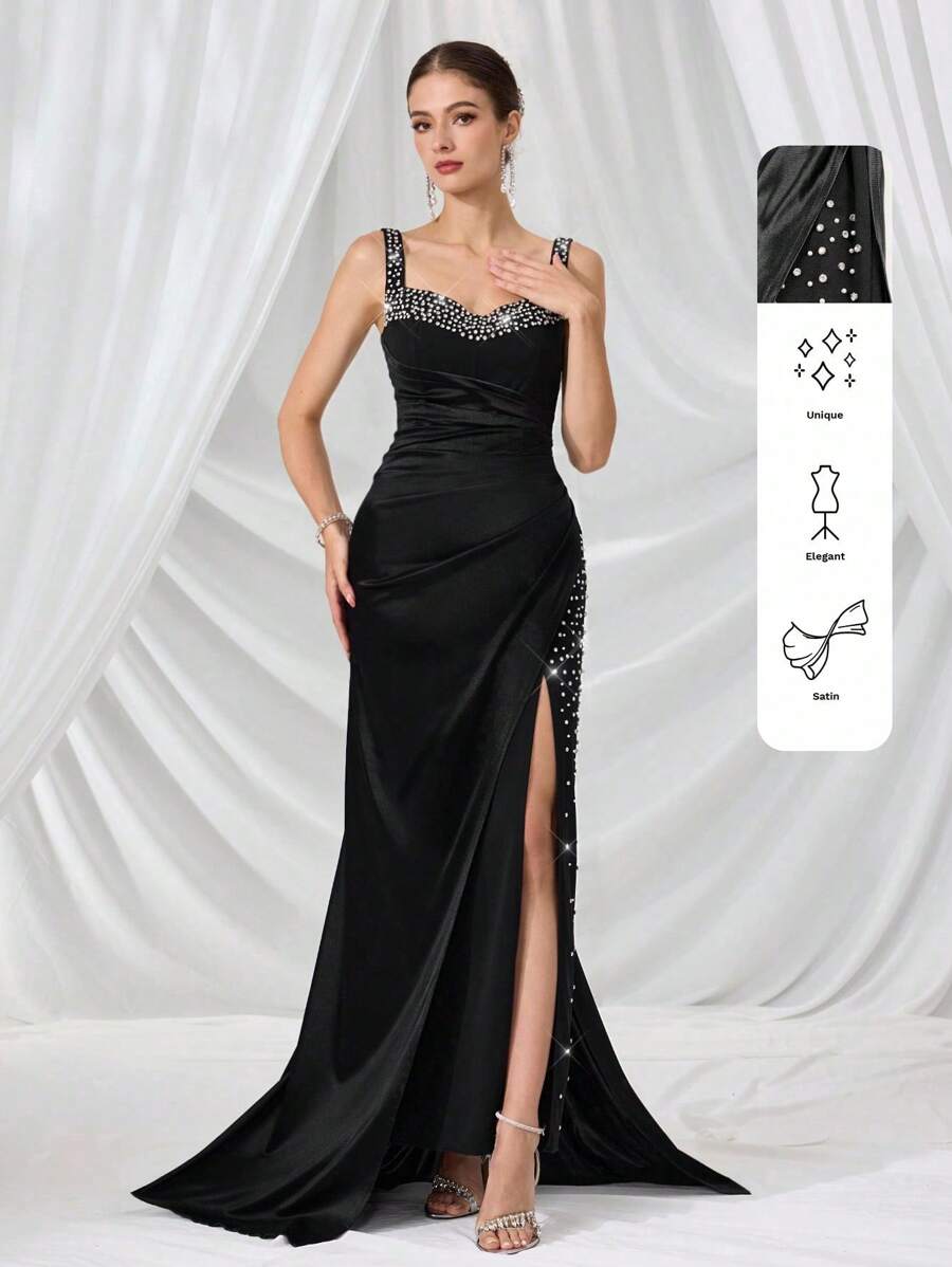 Coutiva Women's Crystal Embellished Ruffle Open Slit Maxi Formal Evening Dress Luxurious Women's Evening Dresses Black Dress Soft Dress Summer Dress Sequin Dress, Party Dress, Gown, For Wedding Guest - Black - View 1