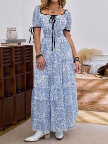 SHEIN LUNE New Women Square Neck Chiffon Ditsy Floral Front Tied Bow Waist Cutout Backless Color Block Trim Western Beach Vacation Dress - Blue and White - View 1
