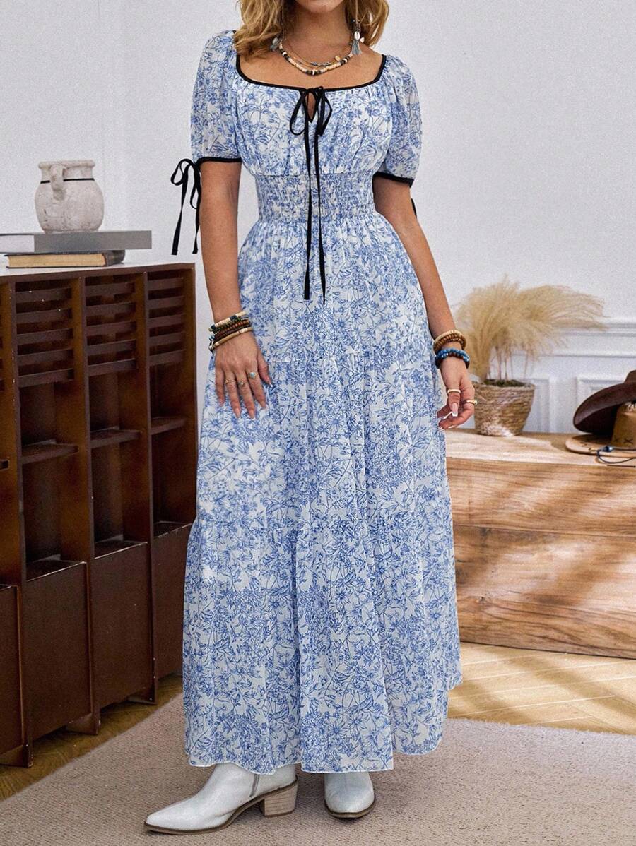 SHEIN LUNE New Women Square Neck Chiffon Ditsy Floral Front Tied Bow Waist Cutout Backless Color Block Trim Western Beach Vacation Dress - Blue and White - View 1