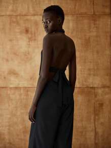 Lumivelle Women's Minimalist Halter Neck Solid Color Side Knot Wide Leg Jumpsuit - Black - View 3
