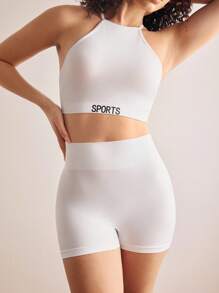 SHEIN Yoga Letter Tape Wireless Bra & Boyshorts Lingerie Set Sports