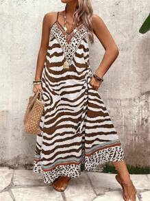 Breezaya Plus Size Women Leopard & Zebra Pattern Loose Sleeveless Dress, Summer - Brown - View 5