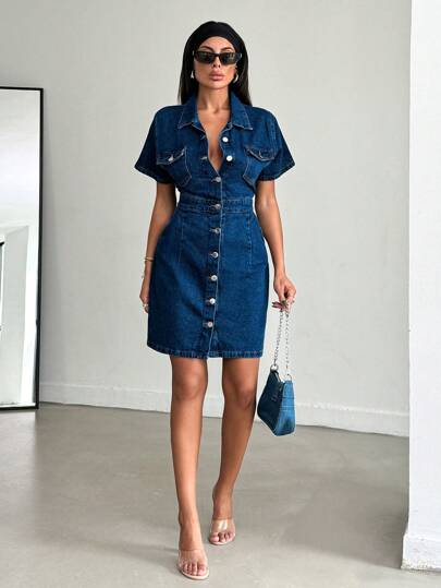 EURMUSE Summer Fashion Front Button Denim Dress