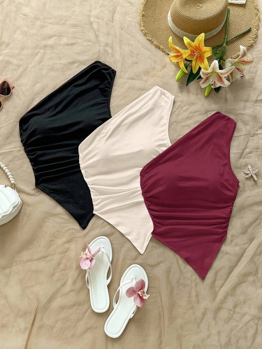 Soleia 3pcs Asymmetrical Shoulder Asymmetric Hem Tops, Black, Apricot, Red, Suitable For Summer Vacation One Shoulder Top One Shoulder Tube Top Asymmetrical Tube Top Strapless Top Suitable For Going Out