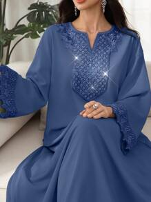 SHEIN Najma 优雅 V 领喇叭袖阿拉伯风格串珠装饰喇叭裙，春夏 - 藍色 - 查看 7