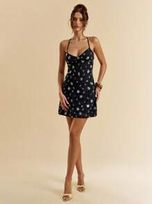 SHEIN BAE Váy mini resort màu xanh lá cây jacquard sequin hở lưng mùa hè dành cho nữ - màu đen - Xem 6