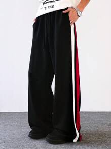 Claim Dot 男士抽绳腰侧条纹阔腿宽松休闲运动裤 男士阔腿侧条纹裤 男士街头潮流裤 男士侧条纹裤 男士宽松宽裤 男士阔腿裤 - 黑色 - 查看 5