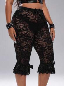 Whyspr Plus Size Women Elastic Waist Bow Lace Trim Hem Sheer Sexy Party Stylish Shorts - Black - View 1