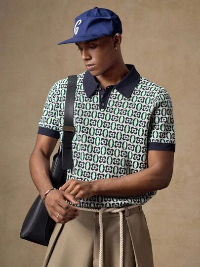 AKNOTIC Business Casual 男士休闲宽松针织短袖上衣，年轻时尚日常穿着几何印花男士男士高尔夫 Polo 衫趣味印花男士 Polo 衫男士度假装学院风图案 Polo 衫男士