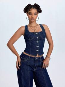 Jeanoix 大码女装夏季新款U领高腰牛仔背心夹克 - 藍色 - 查看 6