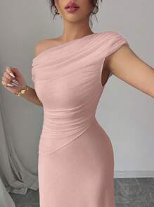 Modelyn 女士优雅法式网眼不对称肩部褶饰拼布下摆连衣裙，优雅 - 粉色 - 查看 4