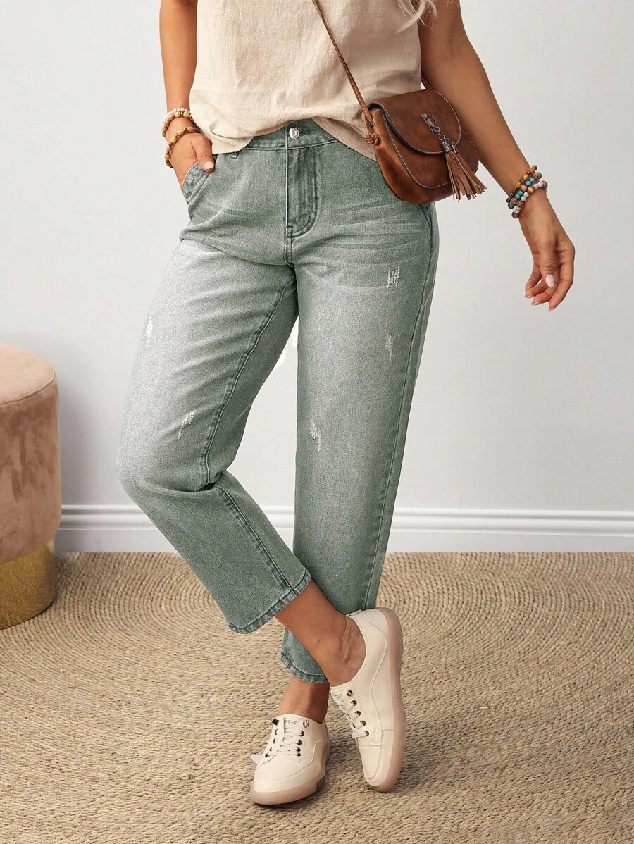 EMERY ROSE 女士休闲日常时尚百搭纽扣牛仔裤 - 綠色 - 查看 1