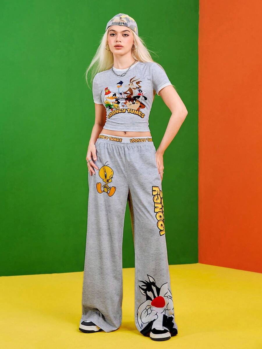 LOONEY TUNES X SHEIN 2pcs/Set Women Letter & Cartoon Graphic Short Sleeve Crop Top And Elastic Waist Wide Leg Pants - Grey - View 1