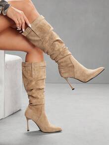 CUCCOO SZL Apricot Faux Suede Thigh High Boots For Women With Fashion High Heels For Christmas Spring Shoes - Brown - View 10