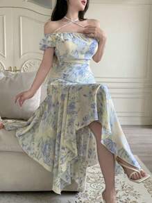 Modelyn Robe d'été élégante pour femme en mousseline imprimée, épaules dénudées, croisée, plissée avec ourlet irrégulier - Bleu azur - Voir 4