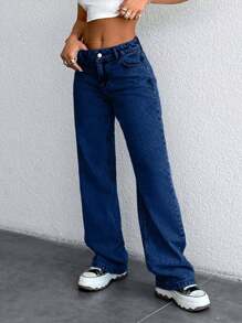 EURMUSE 100% Cotton Low Waist Snow Wash Wide Leg Jeans - Dark Wash - View 7