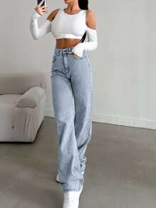 SHEIN Tall Snow Wash Straight Leg Jeans High Rise For Tall - Teal Blue - View 5