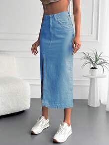 RueChic High Waist Split Thigh Denim Skirt - Dark Wash - View 5