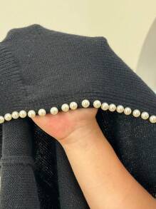 SHEIN EZwear 大码女式珍珠边宽松针织黑色长袖开衫 - 黑色 - 查看 5