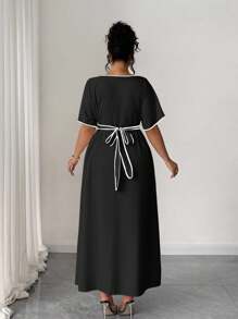 Elenzga 大码女式优雅淑女时尚百搭休闲V领前扣束腰拼色中长连衣裙