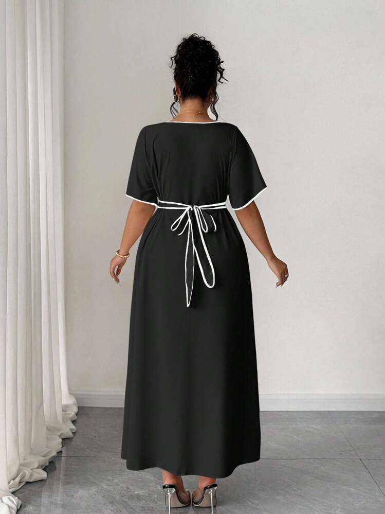 Elenzga Plus Size Women's Elegant Lady Fashion Versatile Casual V-Neck Front Button Cinched Waist Color Block Midi Dress - Black - View 2