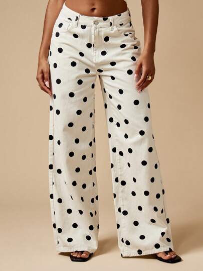 MISSGUIDED Polka Dot Wide Leg Jeans High Waisted Cotton Pants Retro Style Spring Fall Fashion Statement Bottom Wear