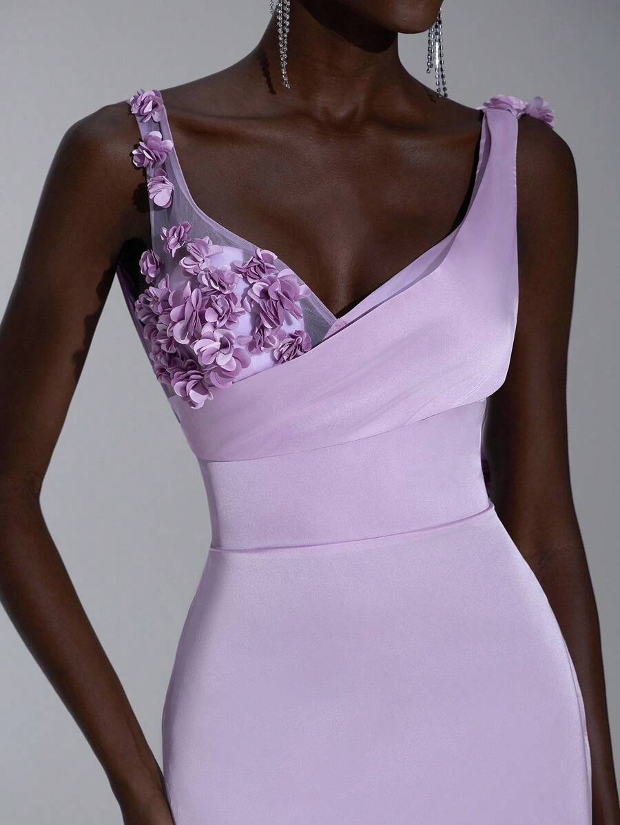 Elitara Vestido de Gala Formal Elegante com Lavanda Brilhante em Cetim Acetinado, Decote em V, Costura Manual com Flores 3D no Ombro, Franjas e Cauda de Sereia, Adequado para Encontros, Férias, Casamentos, Formaturas, Eventos Formais e Gala