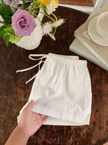 Comfortcana Women Casual Loose Drawstring Solid Color Shorts, Versatile For Everyday Wear White Linen Shorts