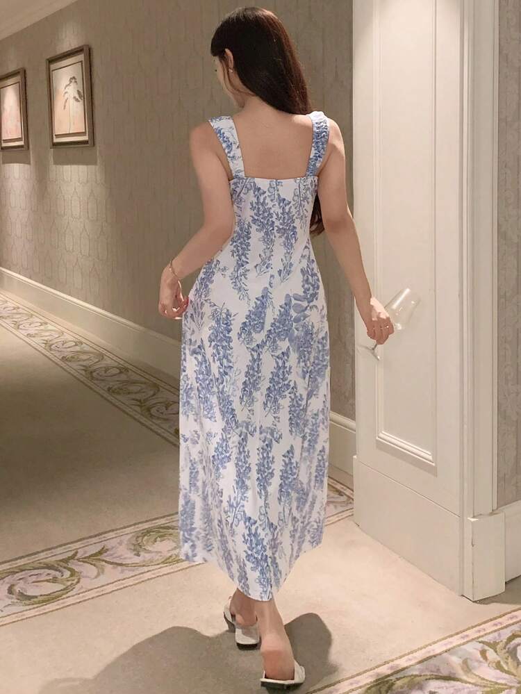 Plant Pattern Full Print Cinched Waist Long Slip Dress For Women