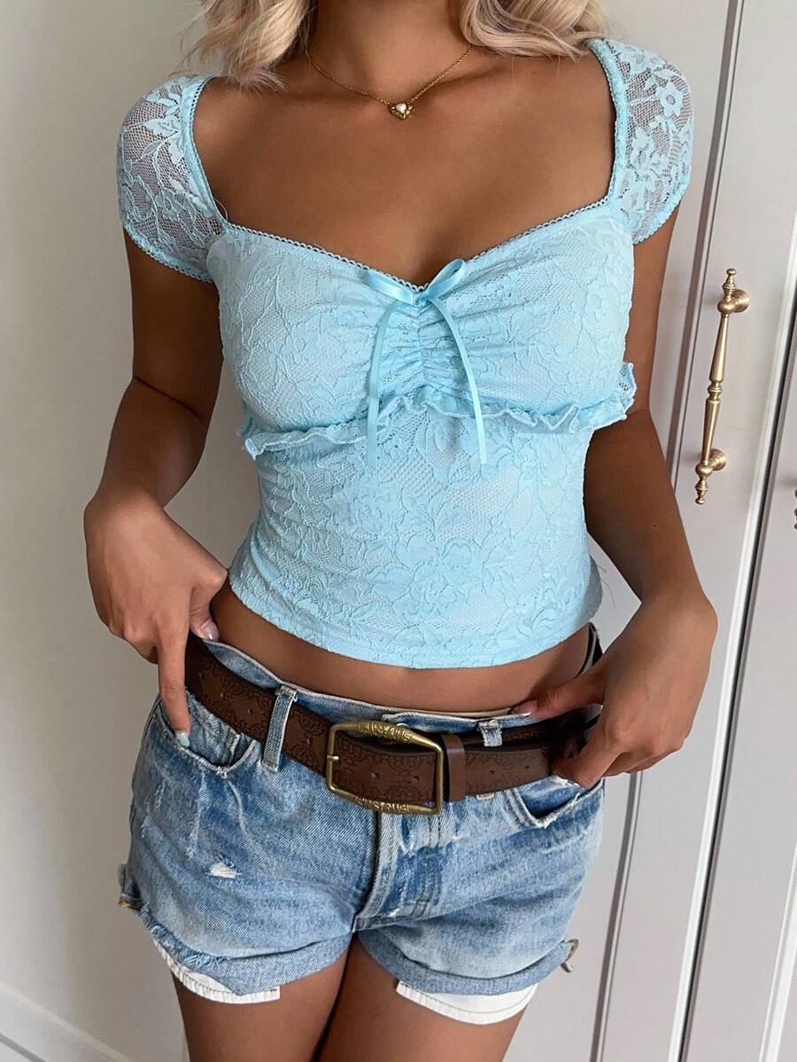 SHEIN EZwear Women Floral Lace Bow Decor Raglan Sleeve Slim Fit Fashionable Short Sleeve T-Shirt,Date Night Outfits Women