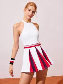 CourtClass Váy chữ A cổ tròn phối màu thời trang xuân/hè cho nữ, có viền eo, chắp vá kèm quần short, váy thể thao/tennis thường ngày - trắng - Xem 3