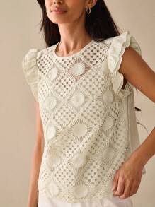 Lilora 女士优雅荷叶边针织拼布上衣，适合工作，都市风格荷叶袖刺绣上衣，都市休闲，浪漫优雅，外出 - 杏色 - 查看 4