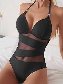 INAWLY Body sexy da donna in rete trasparente e patch, con schiena scoperta e collo a canotta