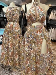 Sweetra 大码女式镂空 V 领开衩长裙，优雅复古腰果碎花波西米亚海滩度假长裙