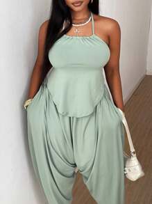 Maweii Summer Casual Sexy Backless Halter Top & Pants 2 Pieces Set, Plus Size Vacation Outfit - Green - View 5