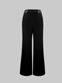 Women's Solid Color Pocket Design Loose Casual Long Pants, Daily Wear - Black - View 3