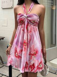 SHEIN EZwear Damen Urlaub Blume Muster Neckholder Chic Minikleid Rosa Blumen Sommerkleid Rosa Sommerkleid Sommer Sommerkleid Neckholder Sommerkleid