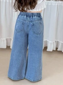 SHEIN 年轻女孩的白色和银色串珠浅色蝴蝶结牛仔阔腿裤，女童春夏休闲度假乡村波西米亚风装，女童沙滩装，女童西部街头装，春假装，狂欢装节日牛仔裤，年轻女孩度假装