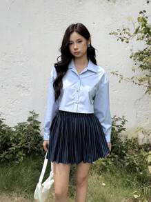 SHEIN 少女蓝色条纹百褶裙和百搭衬衫两件套校服套装 - 藍色 - 查看 5