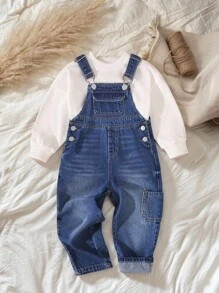 SHEIN Vintaside Kids Pantaloni comodi e alla moda per ragazzi con design tasche, salopette sospensori