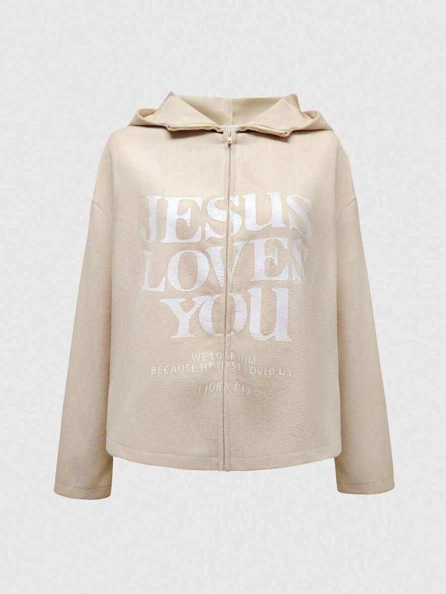 INAWLY Veste à capuche imprimée de slogan décontractée pour femmes, automne - Kaki - Voir 1