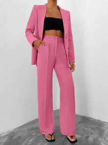 EURMUSE Conjunto de chaqueta y pantalones de unicolor para mujer - Rosa - Ver 4