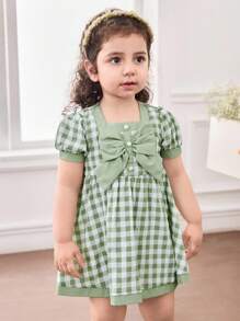 SHEIN Babygirl Cute Summer Vacation Green Plaid Pearl Button Short Sleeve Dress - Multicolor - View 5