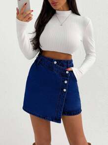 EURMUSE WOMEN MINI SKIRT MEDIUM WASH BUTTON DETAIL - Dark Wash - View 6