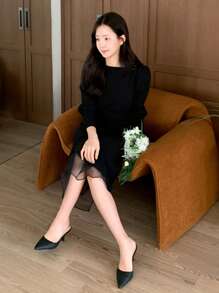 DAZY Women Elegant Contrast Mesh Mid-Length Dress,Fall Dress Long Sleeve Dress - Black - View 5